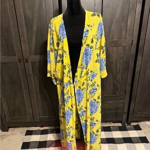 Ellos Yellow Kimono with Blue Floral Design